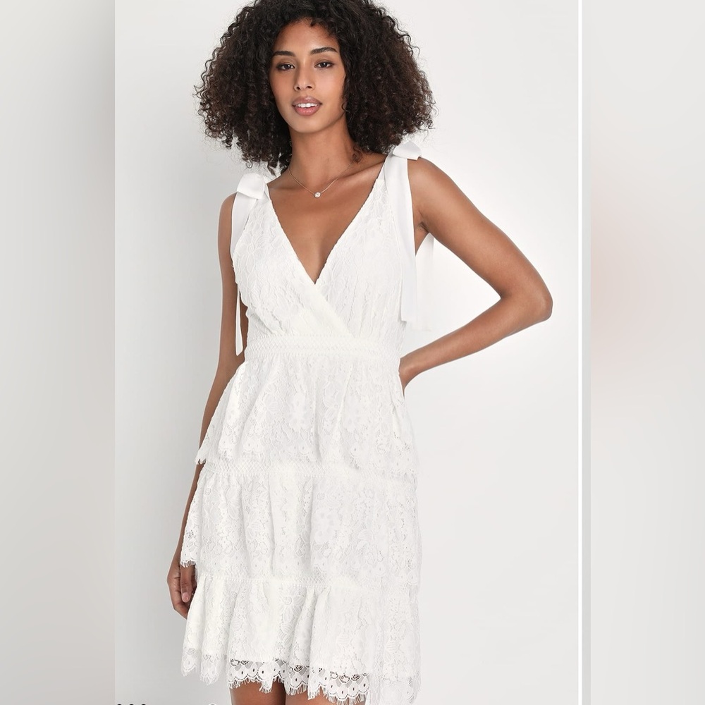 Lulus Sweet Flattery White Lace Tiered Tie-Strap Mini Dress